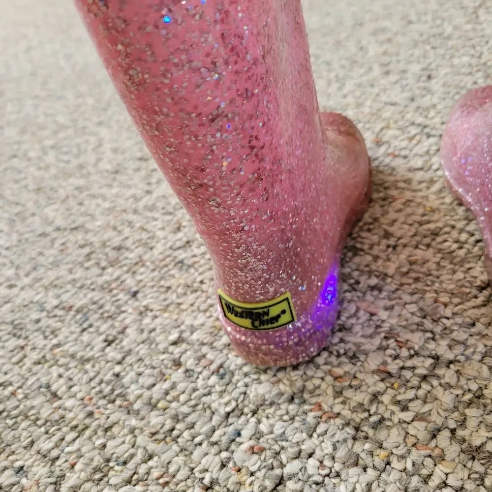 Western Chief Confetti Shimmer Glitter Light Up Pink Rain Boots Size 9
